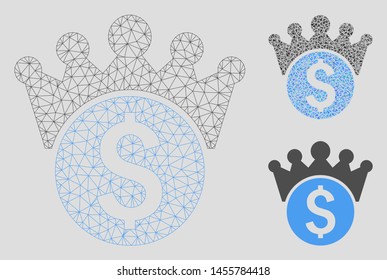 Mesh financial crown model with triangle mosaic icon. Wire frame polygonal mesh of financial crown. Vector mosaic of triangle parts in variable sizes, and color hues.