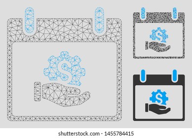 Mesh financial development hand calendar day model with triangle mosaic icon. Wire frame triangular mesh of financial development hand calendar day. Vector collage of triangles in different sizes,