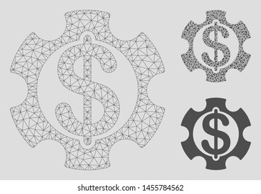 Mesh financial development model with triangle mosaic icon. Wire carcass triangular mesh of financial development. Vector mosaic of triangle elements in different sizes, and color shades.