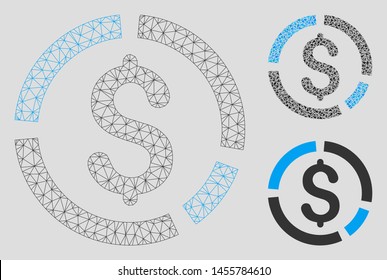 Mesh financial diagram model with triangle mosaic icon. Wire carcass polygonal mesh of financial diagram. Vector mosaic of triangle parts in variable sizes, and color hues.
