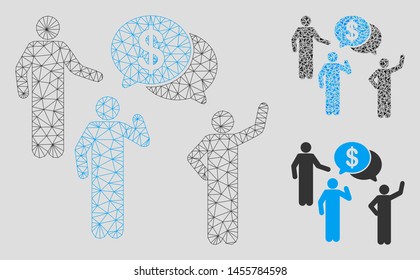 Mesh financial discussion group model with triangle mosaic icon. Wire carcass polygonal mesh of financial discussion group. Vector collage of triangle elements in different sizes, and color tinges.