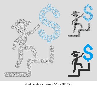 Mesh financial education model with triangle mosaic icon. Wire carcass triangular mesh of financial education. Vector mosaic of triangle elements in different sizes, and color tones.