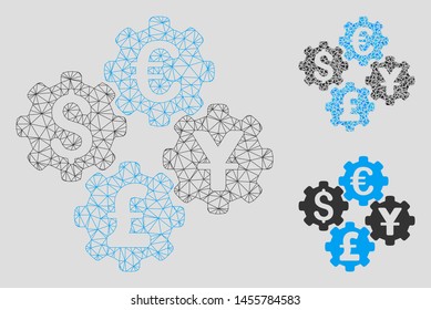 Mesh financial gears model with triangle mosaic icon. Wire carcass polygonal mesh of financial gears. Vector mosaic of triangle parts in different sizes, and color shades.