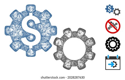 Mesh financial gears web 2d vector illustration. Model is based on financial gears flat icon. Net forms abstract financial gears flat model. wireframe flat web network isolated on a white background.