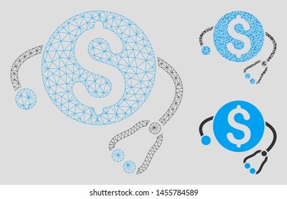 Mesh financial health model with triangle mosaic icon. Wire carcass triangular mesh of financial health. Vector mosaic of triangle elements in different sizes, and color tinges.
