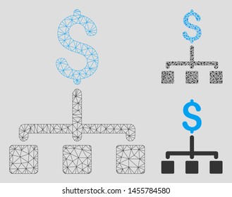 Mesh financial hierarchy model with triangle mosaic icon. Wire frame polygonal mesh of financial hierarchy. Vector mosaic of triangles in various sizes, and color shades.