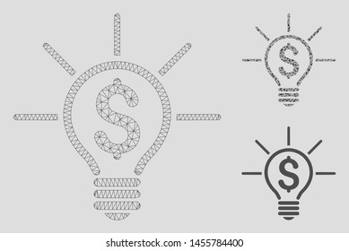 Mesh financial idea bulb model with triangle mosaic icon. Wire carcass polygonal mesh of financial idea bulb. Vector mosaic of triangle elements in various sizes, and color tinges.