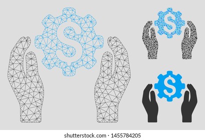 Mesh financial insurance options model with triangle mosaic icon. Wire carcass polygonal mesh of financial insurance options. Vector mosaic of triangle elements in various sizes, and color tints.