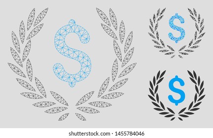 Mesh financial laurel wreath model with triangle mosaic icon. Wire carcass polygonal mesh of financial laurel wreath. Vector mosaic of triangle elements in different sizes, and color hues.