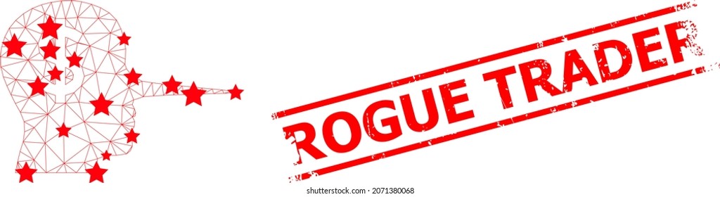 Mesh financiero mentiroso polígonal 2d ilustración vectorial, y rojo ROGUE TRADER texturizado sello. El modelo de canal se crea a partir de un ícono plano mentiroso financiero, con estrellas y malla poligonal.