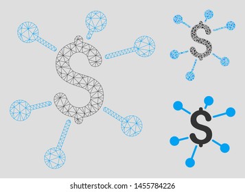 Mesh financial links model with triangle mosaic icon. Wire frame triangular mesh of financial links. Vector mosaic of triangles in different sizes, and color shades. Abstract 2d mesh financial links,