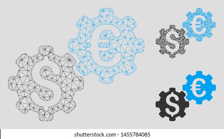 Mesh financial mechanics model with triangle mosaic icon. Wire frame triangular mesh of financial mechanics. Vector mosaic of triangle elements in variable sizes, and color tones.