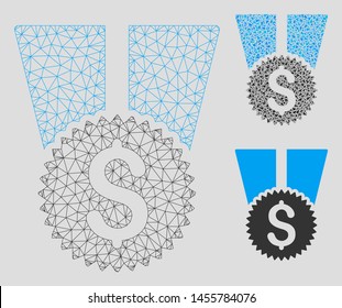 Mesh financial medal model with triangle mosaic icon. Wire frame triangular mesh of financial medal. Vector mosaic of triangles in variable sizes, and color tones. Abstract flat mesh financial medal,