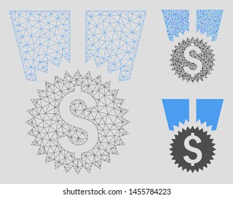 Mesh financial medal model with triangle mosaic icon. Wire carcass triangular mesh of financial medal. Vector mosaic of triangles in variable sizes, and color tinges. Abstract 2d mesh financial medal,