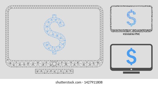 Mesh financial monitoring model with triangle mosaic icon. Wire frame triangular mesh of financial monitoring. Vector mosaic of triangle elements in variable sizes, and color tones.