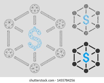 Mesh financial network model with triangle mosaic icon. Wire frame triangular mesh of financial network. Vector mosaic of triangle elements in different sizes, and color tints.