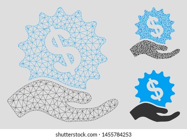 Mesh financial offer hand model with triangle mosaic icon. Wire frame polygonal mesh of financial offer hand. Vector collage of triangle parts in variable sizes, and color tones.