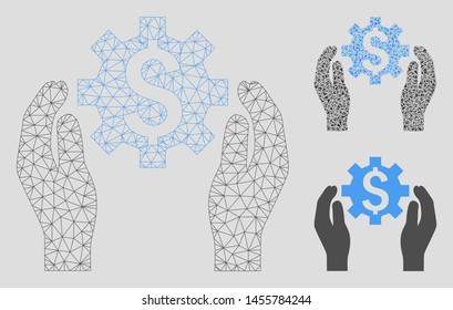 Mesh financial options care hands model with triangle mosaic icon. Wire frame polygonal mesh of financial options care hands. Vector mosaic of triangle elements in various sizes, and color shades.