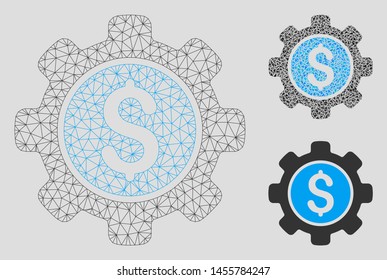 Mesh financial options gear model with triangle mosaic icon. Wire frame polygonal mesh of financial options gear. Vector mosaic of triangle parts in variable sizes, and color shades.