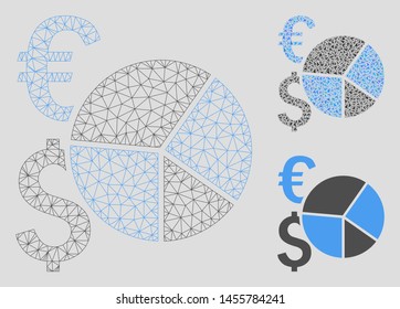 Mesh financial pie chart model with triangle mosaic icon. Wire frame polygonal mesh of financial pie chart. Vector collage of triangles in variable sizes, and color hues.