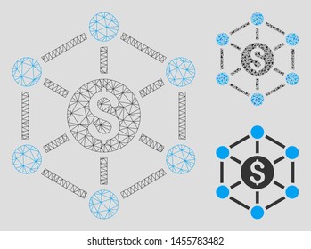 Mesh financial radial scheme model with triangle mosaic icon. Wire carcass triangular mesh of financial radial scheme. Vector mosaic of triangle elements in various sizes, and color hues.
