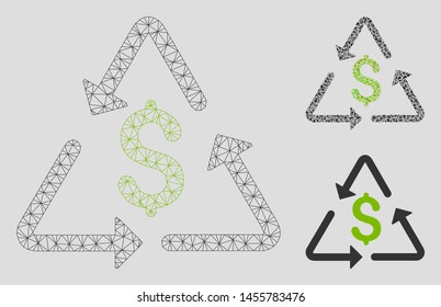 Mesh financial recycling model with triangle mosaic icon. Wire carcass polygonal mesh of financial recycling. Vector collage of triangle parts in various sizes, and color shades.