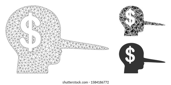Mesh financial scammer model with triangle mosaic icon. Wire carcass polygonal mesh of financial scammer. Vector mosaic of triangle parts in variable sizes, and color tones. svg