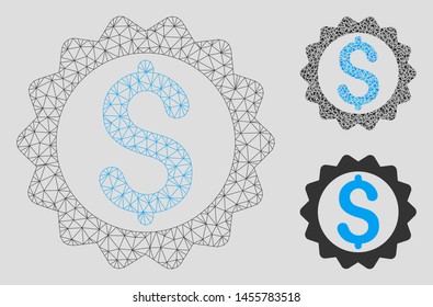 Mesh financial seal model with triangle mosaic icon. Wire frame triangular mesh of financial seal. Vector composition of triangle elements in various sizes, and color hues.