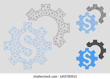 Mesh financial settings model with triangle mosaic icon. Wire carcass triangular mesh of financial settings. Vector mosaic of triangle elements in various sizes, and color tinges.