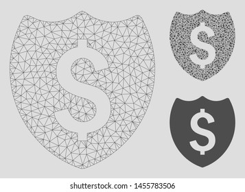 Mesh financial shield model with triangle mosaic icon. Wire frame polygonal network of financial shield. Vector mosaic of triangle parts in different sizes, and color shades.