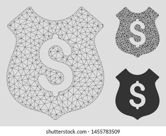 Mesh financial shield model with triangle mosaic icon. Wire frame triangular mesh of financial shield. Vector mosaic of triangle elements in various sizes, and color tinges.