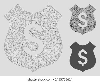 Mesh financial shield model with triangle mosaic icon. Wire frame polygonal mesh of financial shield. Vector composition of triangle elements in different sizes, and color tints.