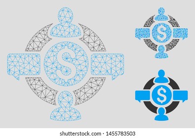 Mesh financial social network model with triangle mosaic icon. Wire frame polygonal mesh of financial social network. Vector composition of triangle elements in various sizes, and color tinges.