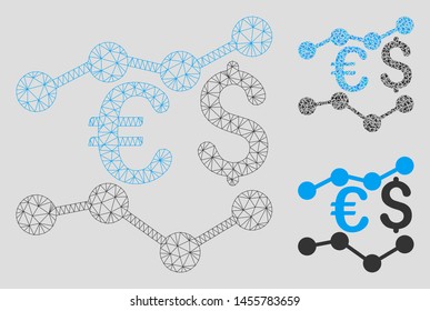 Mesh financial trends model with triangle mosaic icon. Wire frame triangular mesh of financial trends. Vector composition of triangle parts in variable sizes, and color tints.