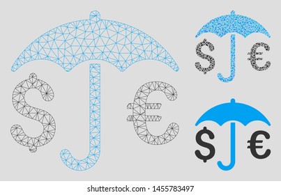 Mesh financial umbrella model with triangle mosaic icon. Wire frame triangular mesh of financial umbrella. Vector mosaic of triangle elements in variable sizes, and color shades.