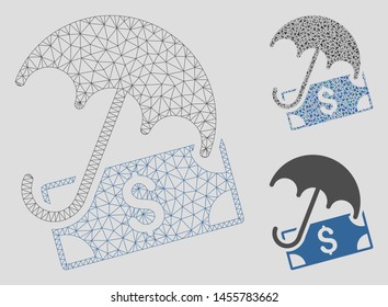 Mesh financial umbrella model with triangle mosaic icon. Wire frame polygonal mesh of financial umbrella. Vector mosaic of triangles in variable sizes, and color tinges.