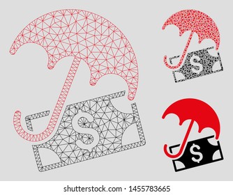Mesh financial umbrella model with triangle mosaic icon. Wire frame triangular mesh of financial umbrella. Vector mosaic of triangles in variable sizes, and color tones.