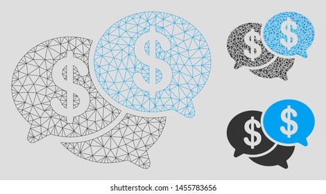 Mesh financial webinar model with triangle mosaic icon. Wire carcass triangular mesh of financial webinar. Vector mosaic of triangle elements in variable sizes, and color hues.