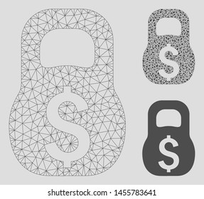 Mesh financial weight model with triangle mosaic icon. Wire frame polygonal mesh of financial weight. Vector mosaic of triangle elements in different sizes, and color tinges.