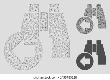 Mesh find previous binoculars model with triangle mosaic icon. Wire frame triangular mesh of find previous binoculars. Vector mosaic of triangle parts in different sizes, and color shades.