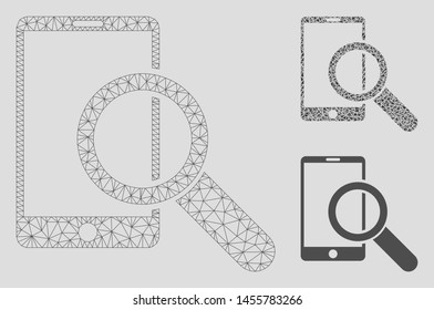 Mesh find smartphone model with triangle mosaic icon. Wire frame triangular mesh of find smartphone. Vector mosaic of triangle parts in different sizes, and color tones.