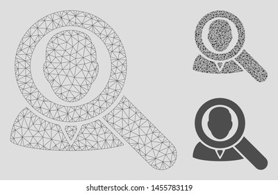 Mesh find user model with triangle mosaic icon. Wire carcass polygonal mesh of find user. Vector collage of triangle parts in different sizes, and color hues. Abstract flat mesh find user,