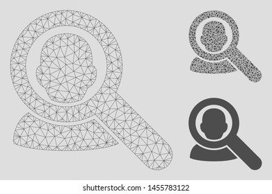 Mesh find user model with triangle mosaic icon. Wire frame triangular mesh of find user. Vector mosaic of triangle parts in variable sizes, and color tints. Abstract 2d mesh find user,