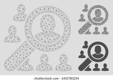 Mesh find user model with triangle mosaic icon. Wire frame polygonal mesh of find user. Vector mosaic of triangle parts in variable sizes, and color tinges. Abstract flat mesh find user,