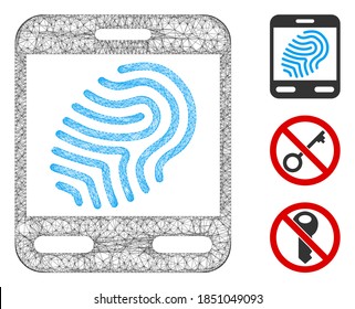 Mesh fingerprint scanner polygonal web icon vector illustration. Carcass model is based on fingerprint scanner flat icon. Triangular mesh forms abstract fingerprint scanner flat model.