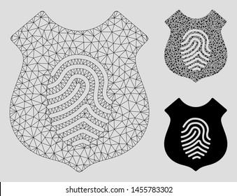 Mesh fingerprint shield model with triangle mosaic icon. Wire carcass polygonal mesh of fingerprint shield. Vector collage of triangle elements in various sizes, and color tints.
