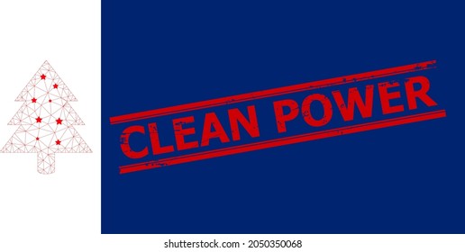Mesh fir tree polygonal icon vector illustration, and red CLEAN POWER corroded stamp seal. Model is created from fir tree flat icon, with stars and polygonal net.