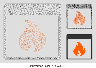 Mesh fire calendar page model with triangle mosaic icon. Wire carcass triangular mesh of fire calendar page. Vector mosaic of triangles in various sizes, and color hues.