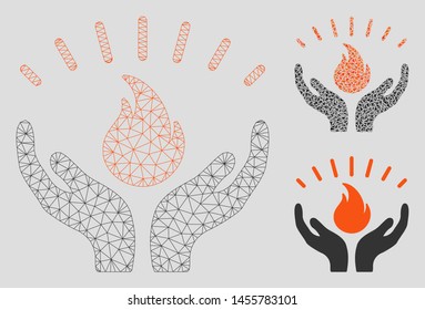Mesh fire care hands model with triangle mosaic icon. Wire carcass triangular mesh of fire care hands. Vector composition of triangle parts in variable sizes, and color shades.