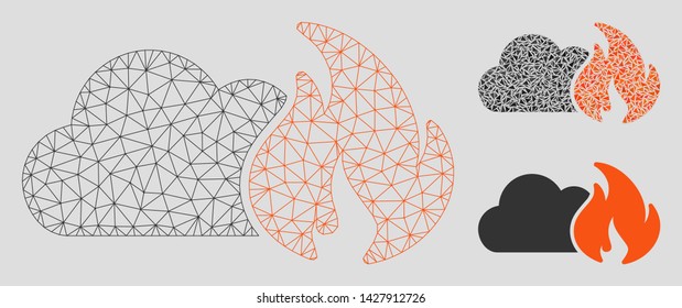 Mesh fire damage model with triangle mosaic icon. Wire frame polygonal mesh of fire damage. Vector mosaic of triangles in variable sizes, and color tinges. Abstract 2d mesh fire damage,